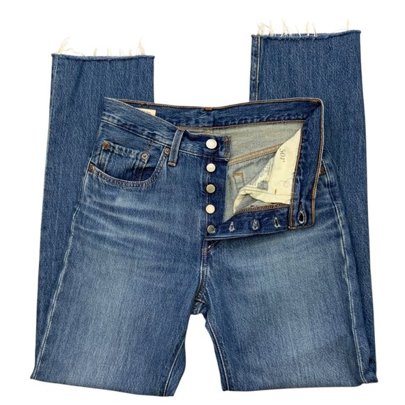 Levis Womens 501 Jeans 28 Blue Irregular Blue Raw Cuffs Mid Rise Straight Leg - Picture 3 of 12